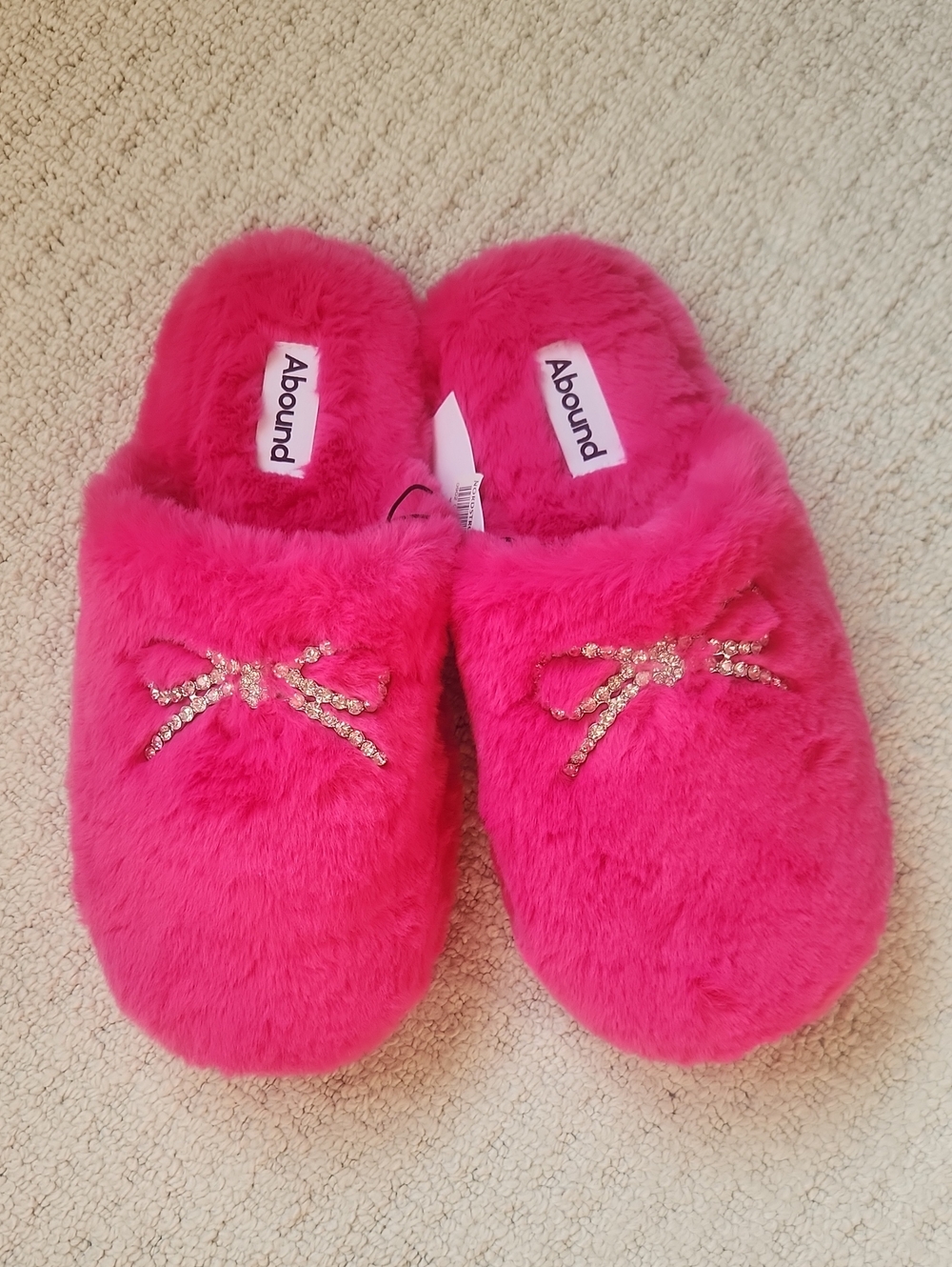 Abound Hot Pink Faux-Fur Slip-On Slippers with Rhinestone Bow